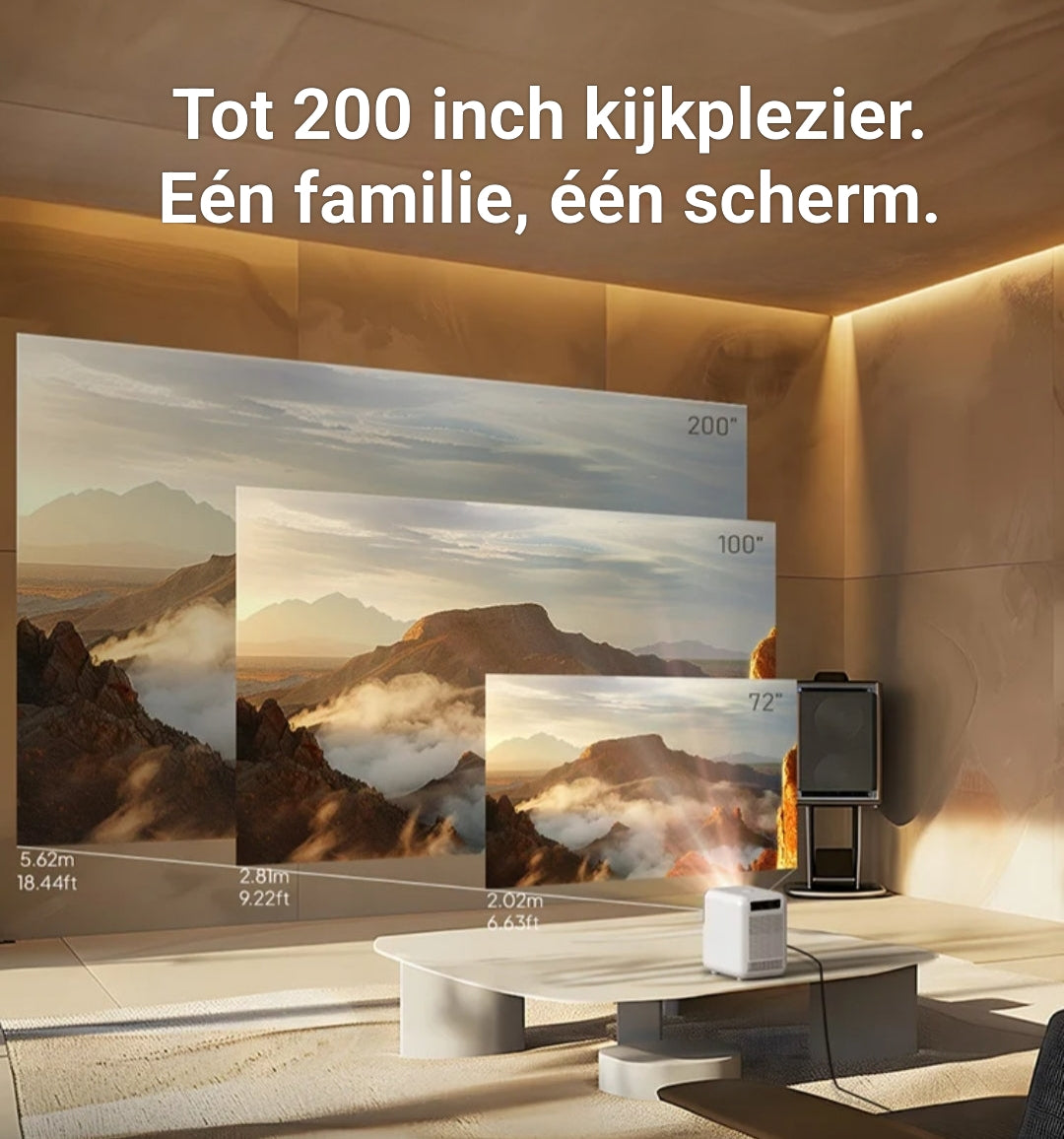 Grote beamer projecteert 200 inch beeld voor een gezellige filmavond met het hele gezin