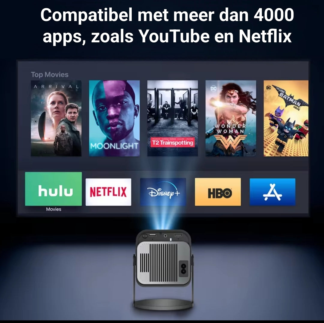 Beamer met intelligent Android 11 besturingssysteem, compatibel met meer dan 4000 apps zoals Netflix en YouTube