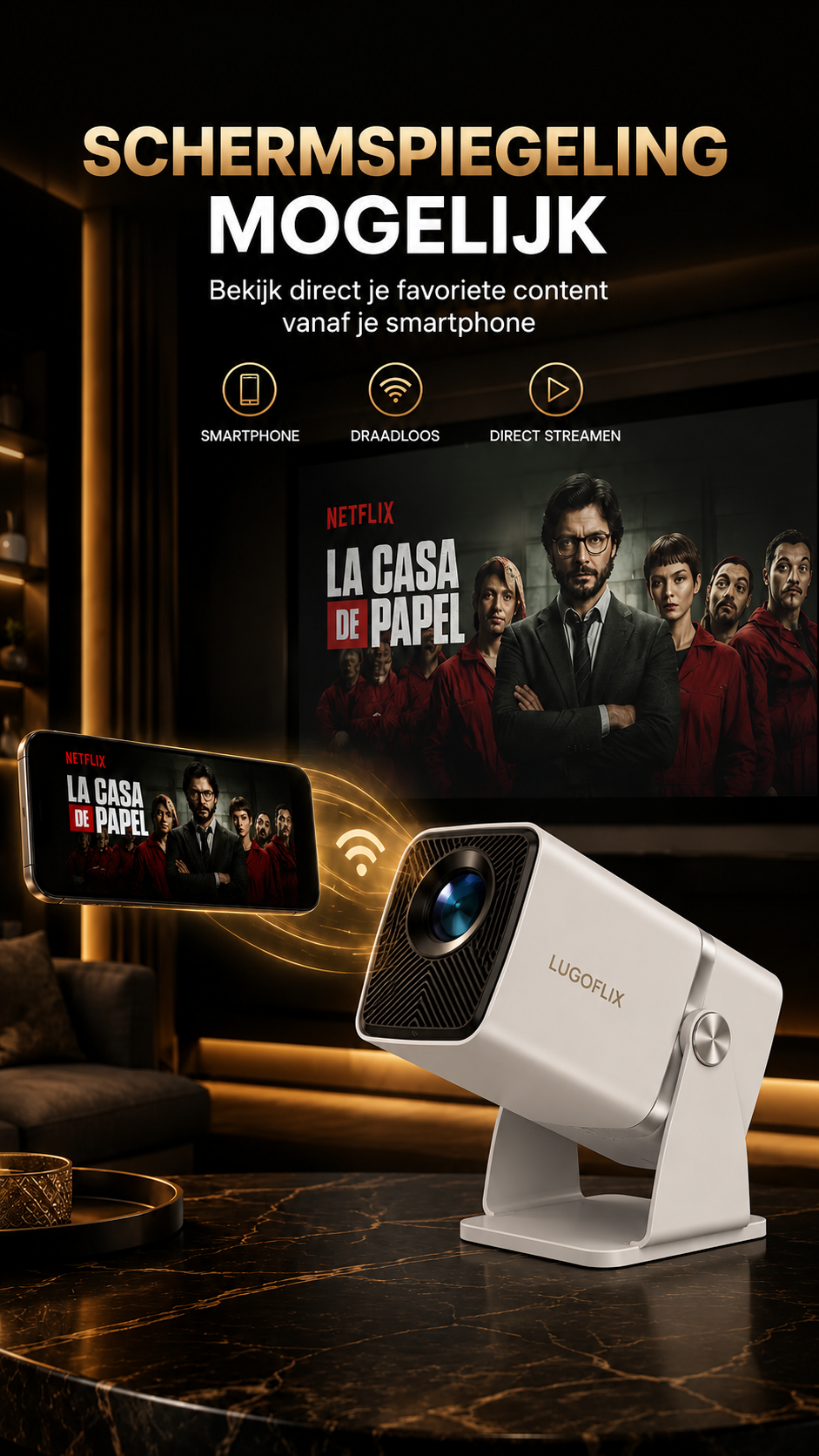 LUGOFLIX TD80W 4K Android Beamer – 450 ANSI Lumen, WiFi & Bluetooth 5.0