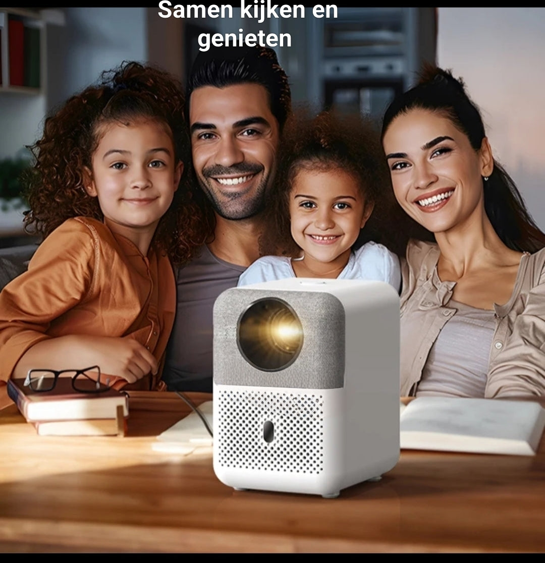 Gezin kijkt samen een film met een beamer in de woonkamer β perfecte thuisbioscoopervaring