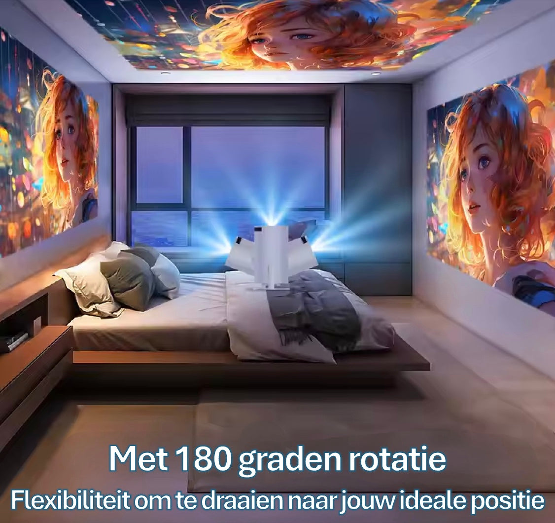  180° Beamer – Flexibele projectie vanuit elke hoek  Met 180 graden rotatie biedt deze beamer ongekende flexibiliteit. Projecteer op muur of plafond, pas de kijkhoek aan naar jouw situatie, en geniet altijd van een perfect beeld. Ideaal voor thuisbioscopen, slaapkamers, creatieve installaties of presentaties onderweg.  ✔️ 180° verstelbare hoek voor ultiem gemak ✔️ Geschikt voor plafond- en wandprojectie ✔️ Compact design met krachtig beeld