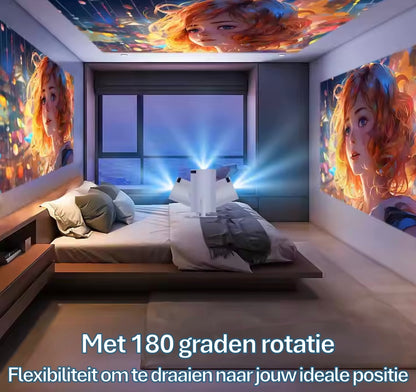  180° Beamer – Flexibele projectie vanuit elke hoek  Met 180 graden rotatie biedt deze beamer ongekende flexibiliteit. Projecteer op muur of plafond, pas de kijkhoek aan naar jouw situatie, en geniet altijd van een perfect beeld. Ideaal voor thuisbioscopen, slaapkamers, creatieve installaties of presentaties onderweg.  ✔️ 180° verstelbare hoek voor ultiem gemak ✔️ Geschikt voor plafond- en wandprojectie ✔️ Compact design met krachtig beeld
