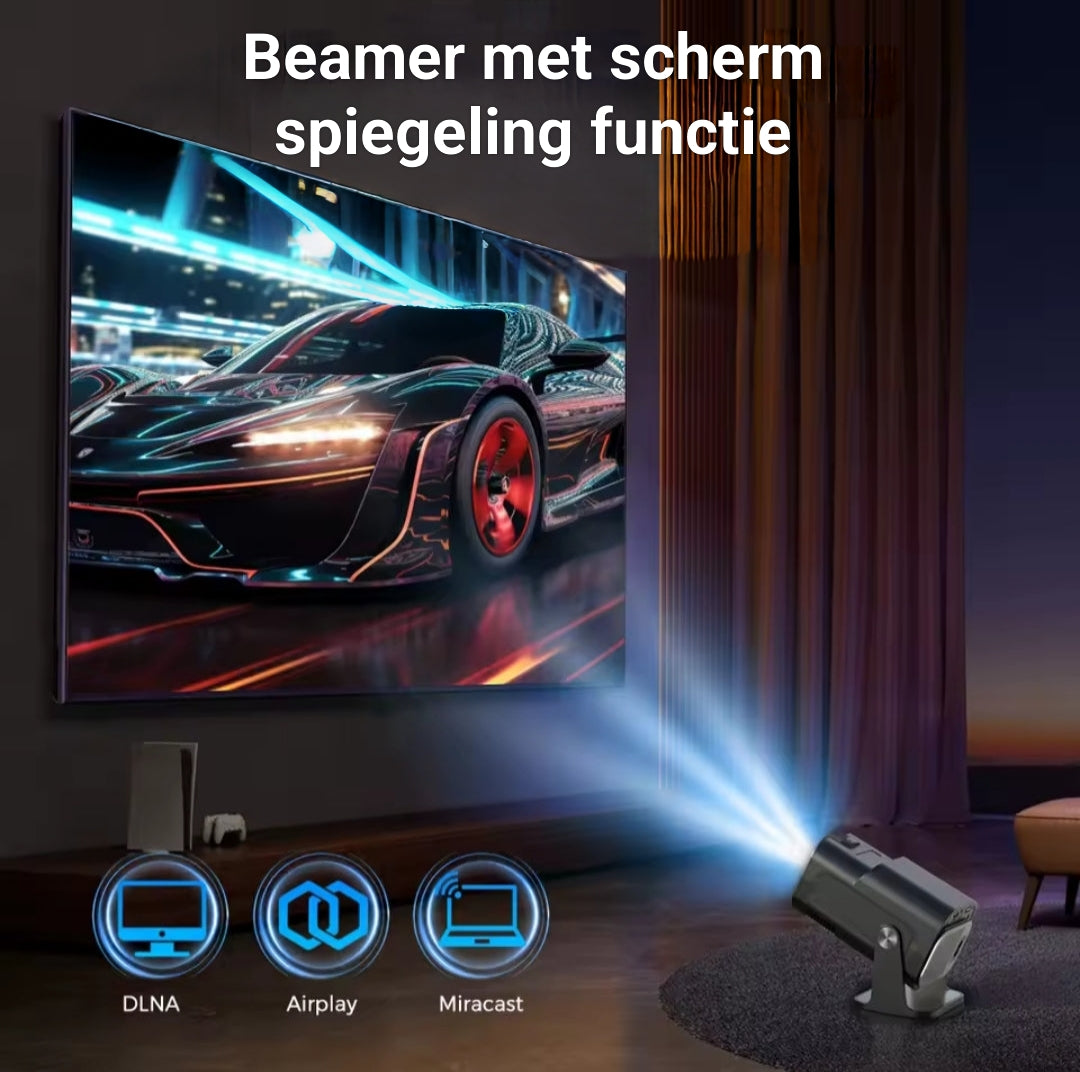 Beamer met 130 inch scherm en draadloze schermspiegeling vanaf smartphone voor een indrukwekkende kijkervaring