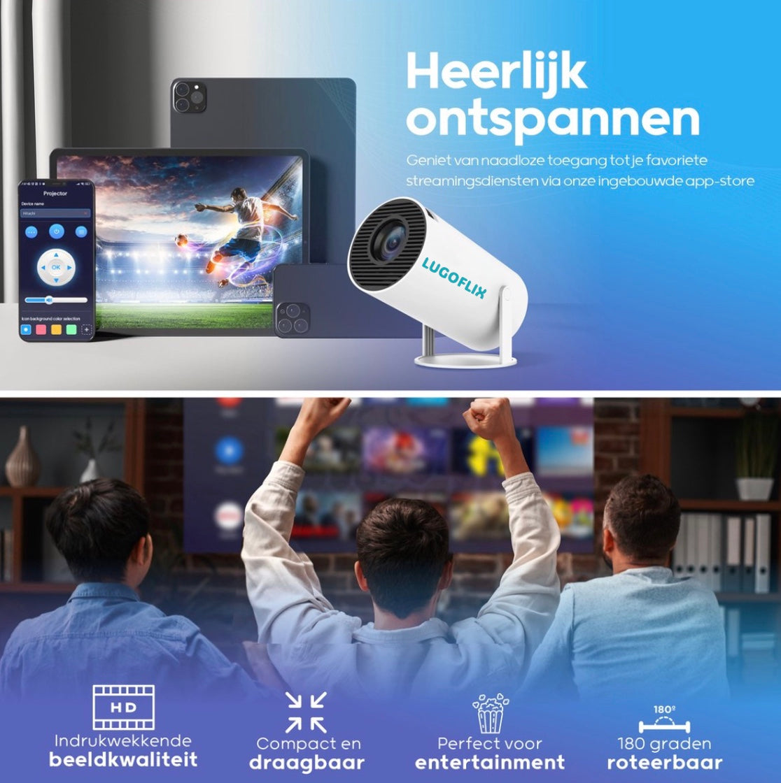 Compacte en draagbare LugoFlix beamer – 180 graden roteerbaar, indrukwekkende beeldkwaliteit en perfect voor ontspannen entertainmentmomenten