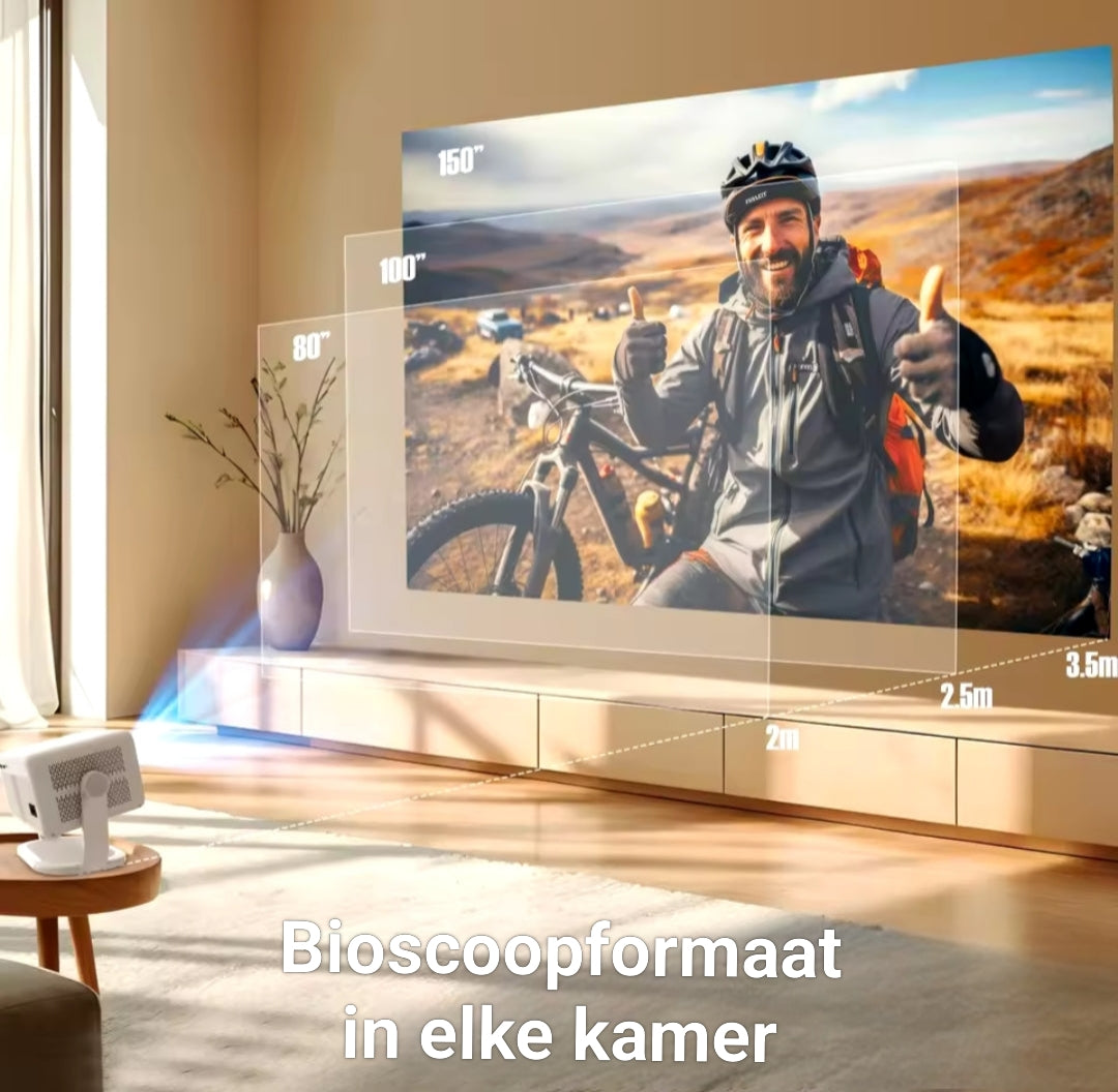 Draagbare beamer in woonkamer voor bioscoopformaat beeld in elke kamer – scherpe projectie en helder beeld