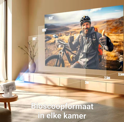 Draagbare beamer in woonkamer voor bioscoopformaat beeld in elke kamer – scherpe projectie en helder beeld