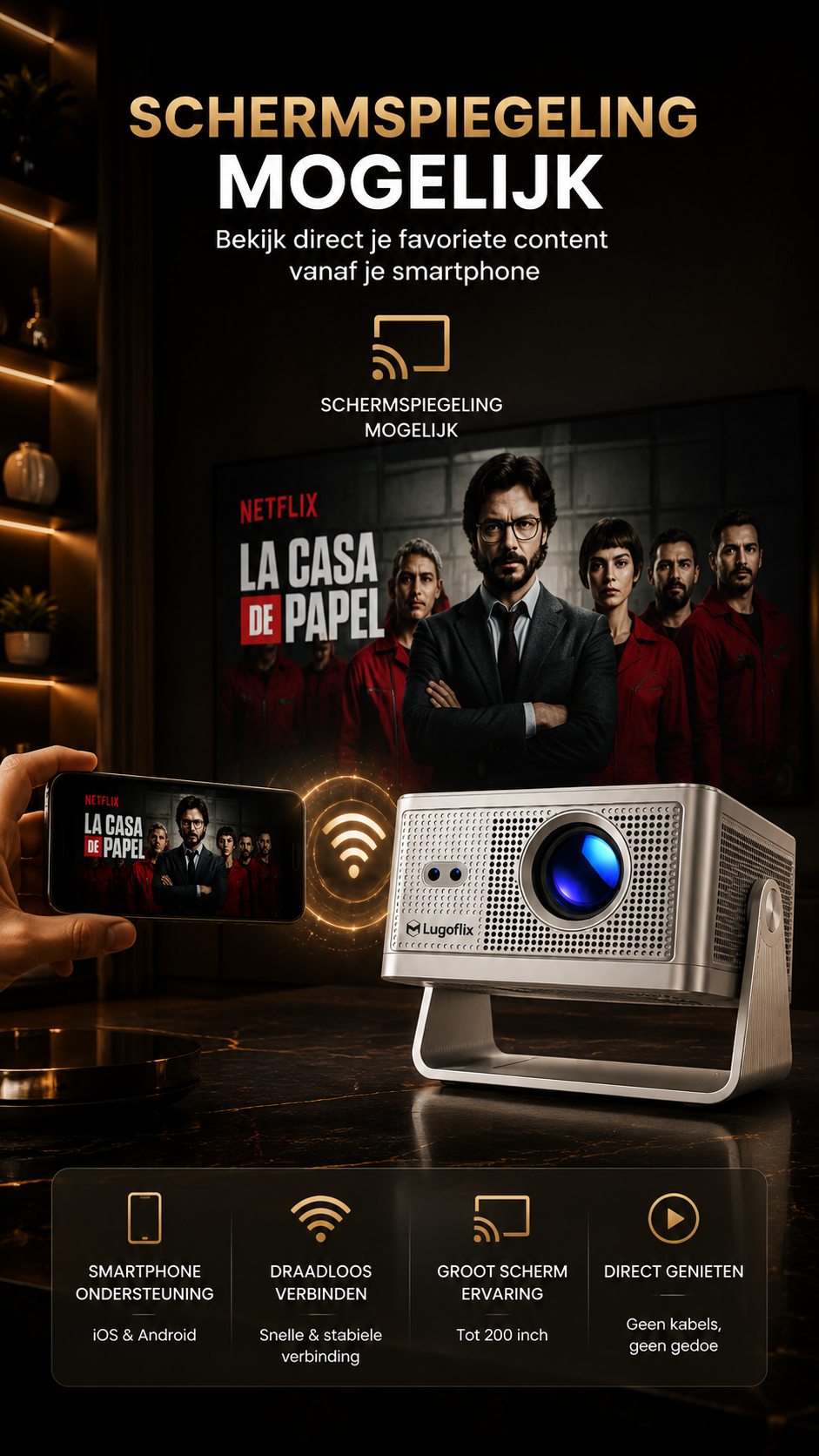 LUGOFLIX™ A22 PRIME 4K LCD Beamer – 1000 ANSI Lumen & Stofdicht Design