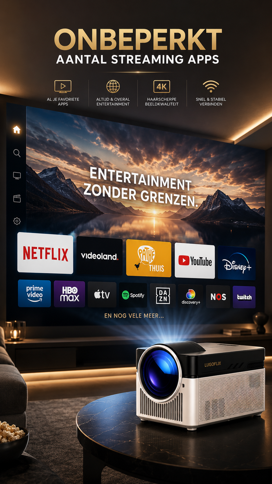 LUGOFLIX™ VISION – Ultra Short Throw 4K Projector met 8K-ondersteuning