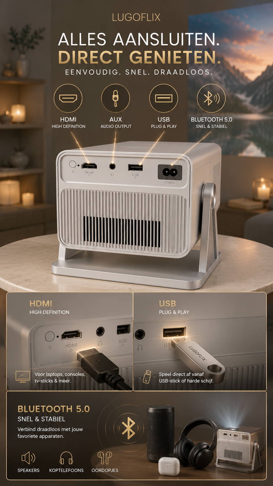 LUGOFLIX™ CINEMA – 4K Projector met 8K-ondersteuning | Tot 200 Inch