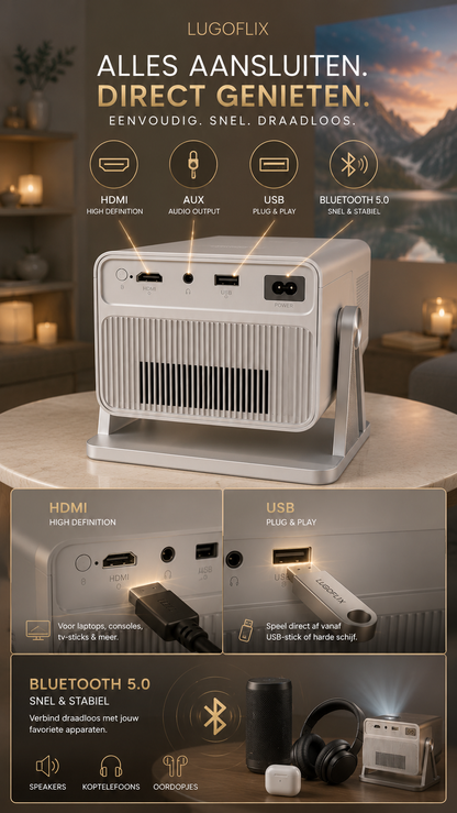 LUGOFLIX™ CINEMA – 4K Projector met 8K-ondersteuning | Tot 200 Inch