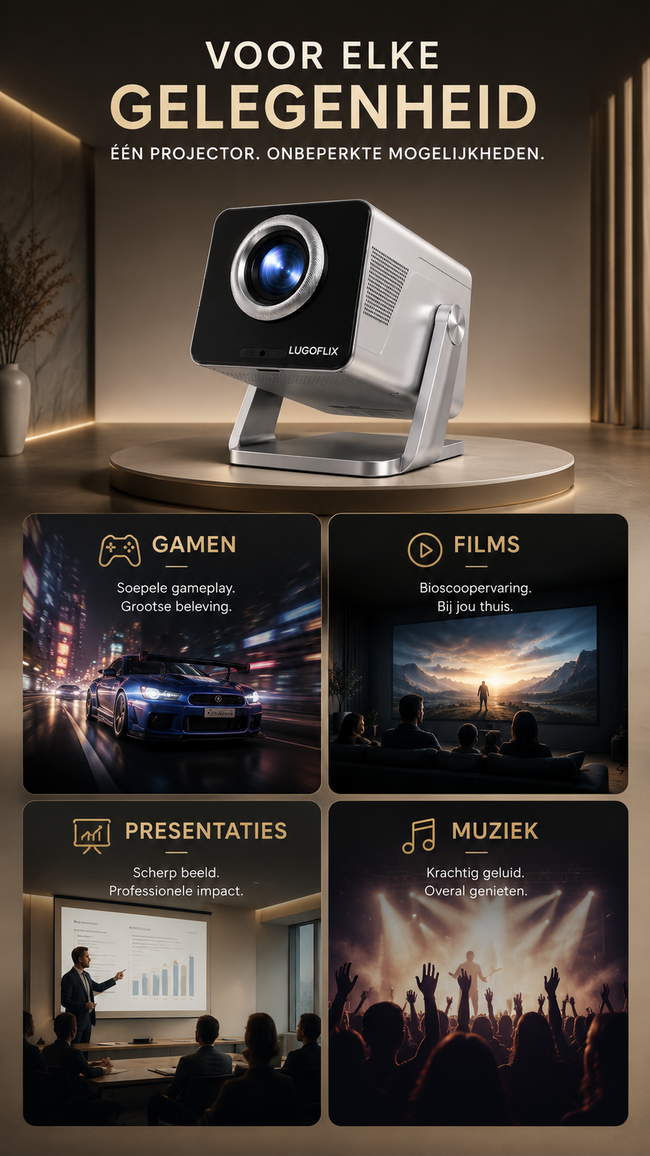 LUGOFLIX™ CINEMA – 4K Projector met 8K-ondersteuning | Tot 200 Inch