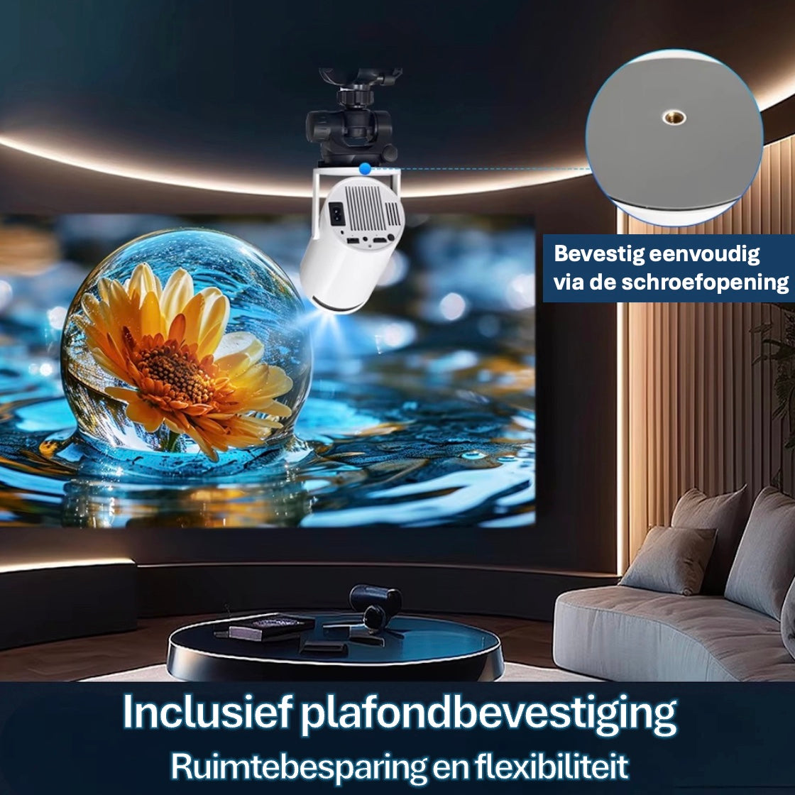 LugoFlix beamer met plafondbevestiging – ruimtebesparend en flexibel te monteren via schroefopening