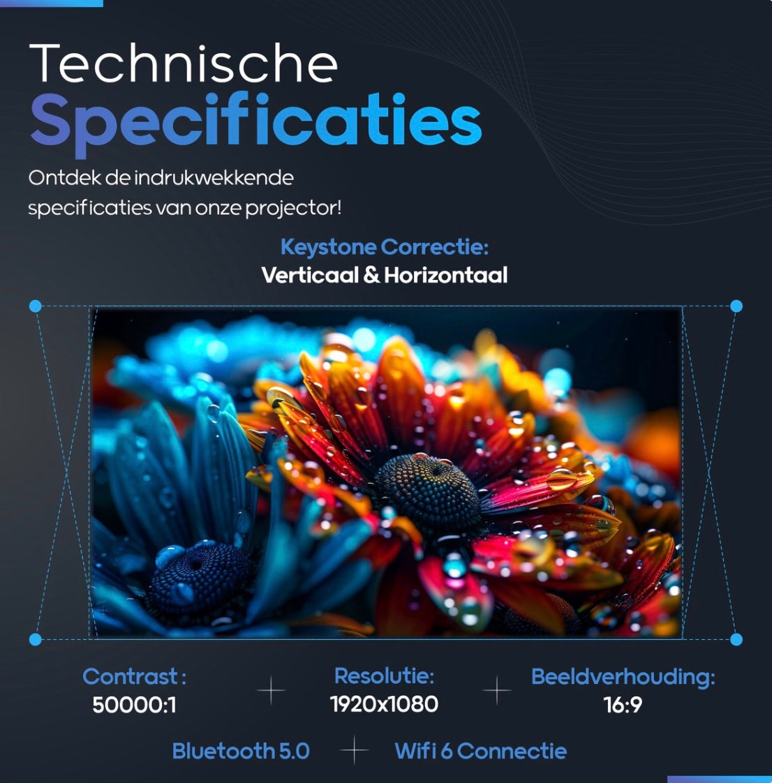 LugoFlix beamer met resolutie 1920×1080, contrast 50000:1, 16:9 beeldverhouding, Bluetooth 5.0 en wifi-connectiviteit