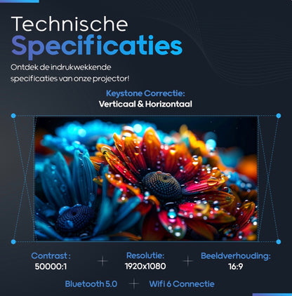 LugoFlix beamer met resolutie 1920×1080, contrast 50000:1, 16:9 beeldverhouding, Bluetooth 5.0 en wifi-connectiviteit