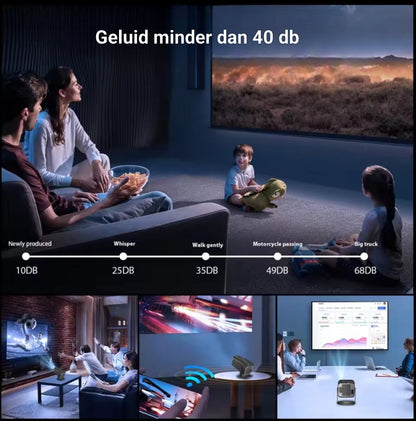 Stille beamer met minder dan 40 dB geluidsniveau, draadloze schermspiegeling en een indrukwekkend 130 inch projectiescherm