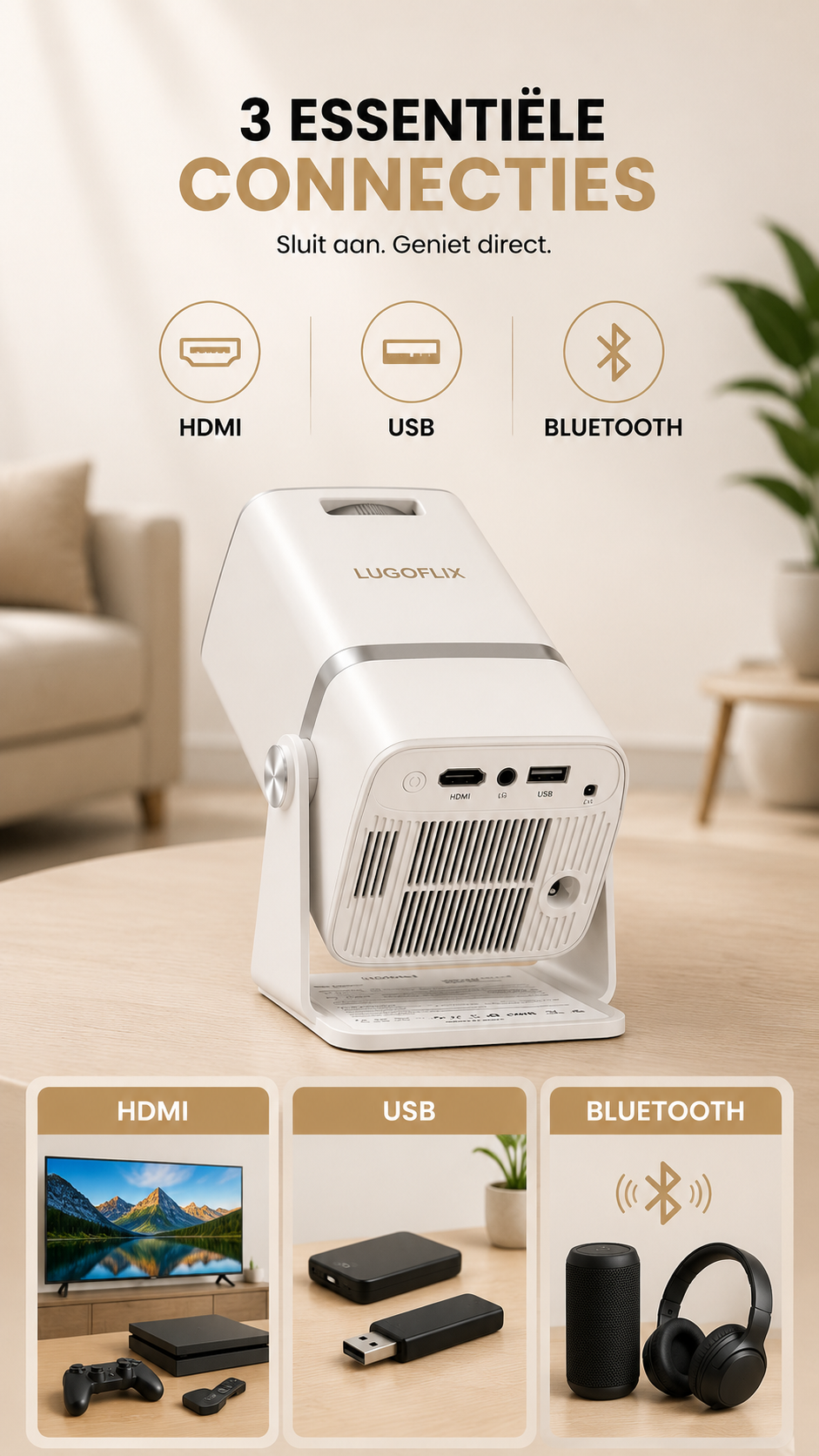 LUGOFLIX TD80W 4K Android Beamer – 450 ANSI Lumen, WiFi & Bluetooth 5.0