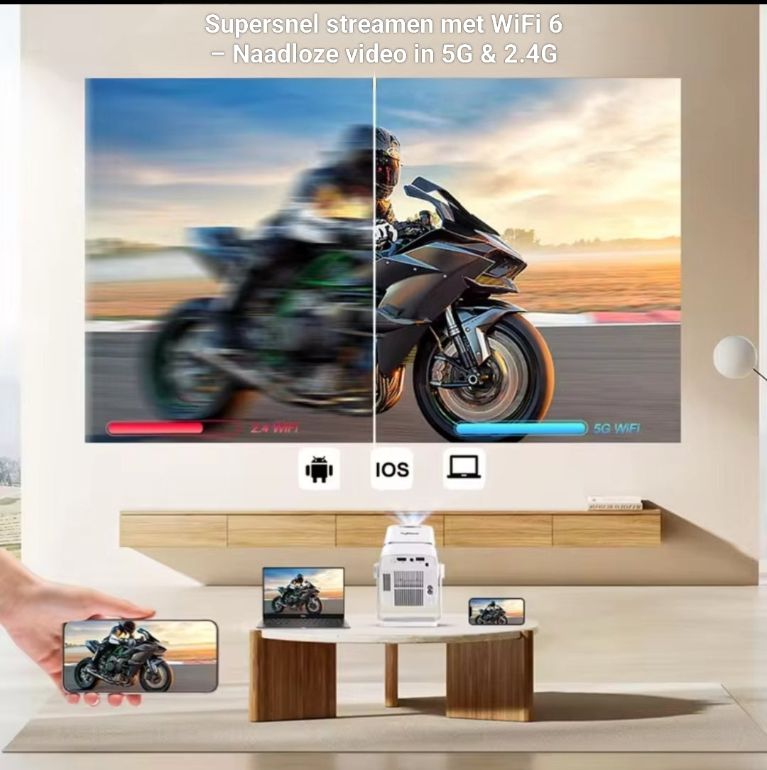 Beamer met WiFi 6 ondersteuning voor snelle en naadloze video streaming via 5G en 2.4G verbinding